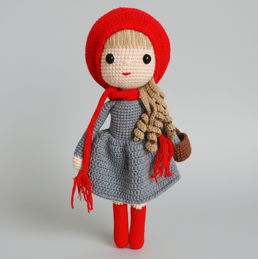 Crocheted doll in red hood, gray dress, with braided hair and basket
