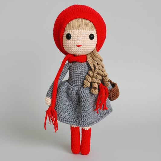 Crocheted doll in red hood, gray dress, with braided hair and basket