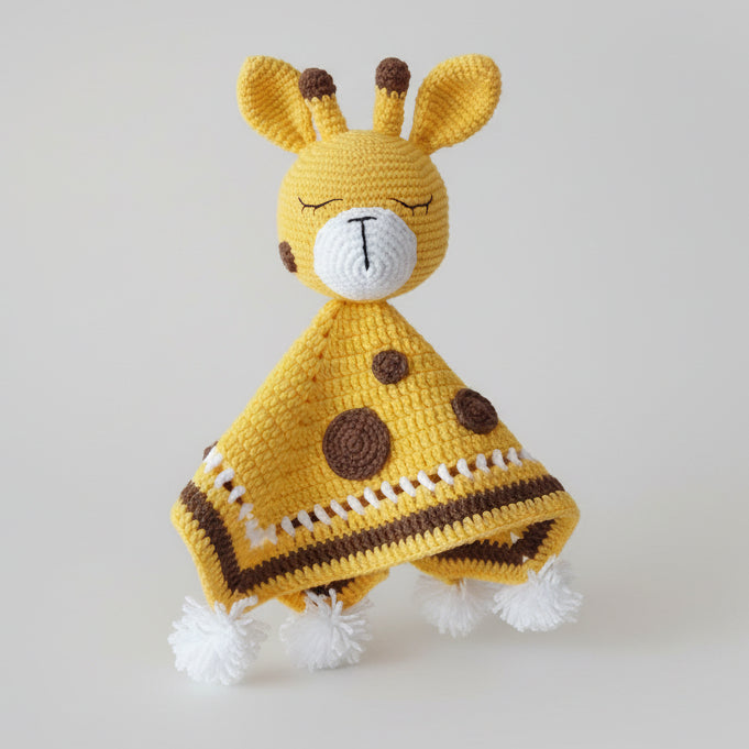 Crocheted yellow bunny lovey with brown polka dots and white pom-pom trim, held by a hand.