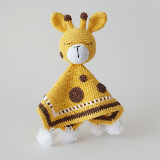 Crocheted yellow bunny lovey with brown polka dots and white pom-pom trim, held by a hand.