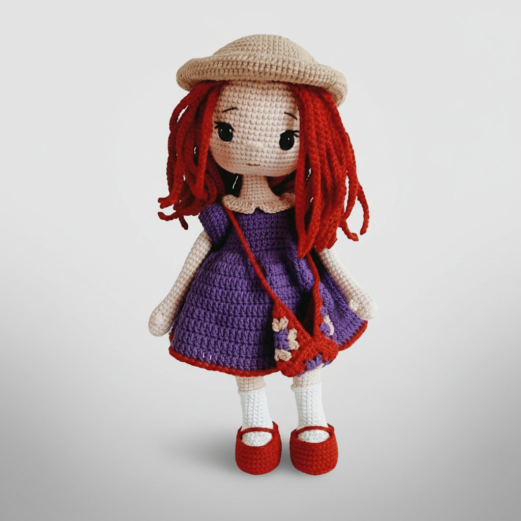 Crocheted doll with red yarn hair, purple dress, beige hat, standing on wooden base