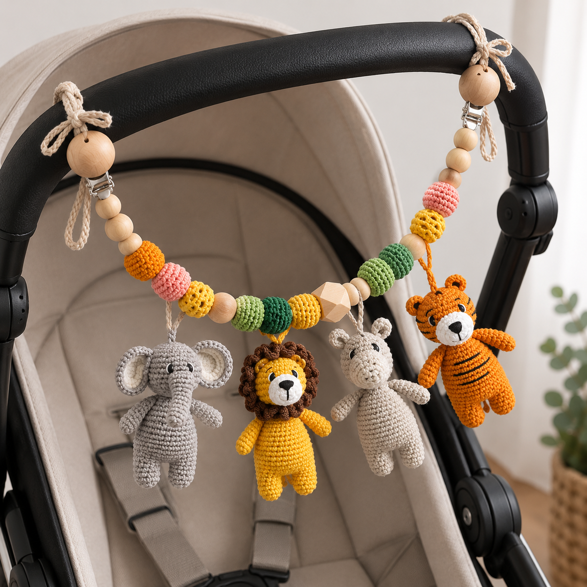 Crochet Safari Animals Car Seat Toy – Elephant, Lion, Hippo & Tiger Hanging Rattle Joy Gift London