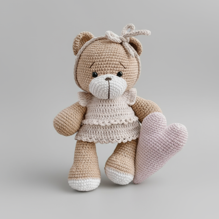 Crocheted teddy bear with white dress and bow, sitting against neutral background