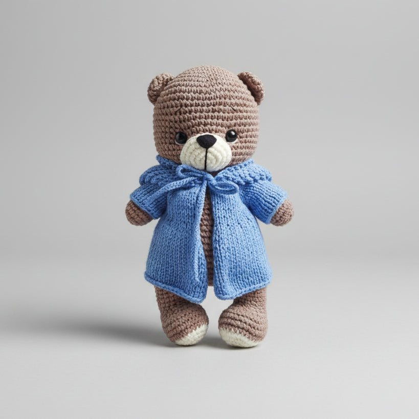 Crocheted brown teddy bear wearing a blue knitted coat and bow