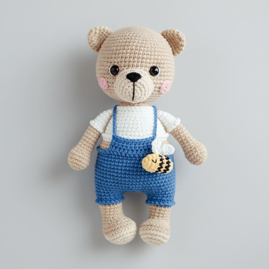 Crocheted teddy bear in blue overalls, holding a bee, against a light gray background