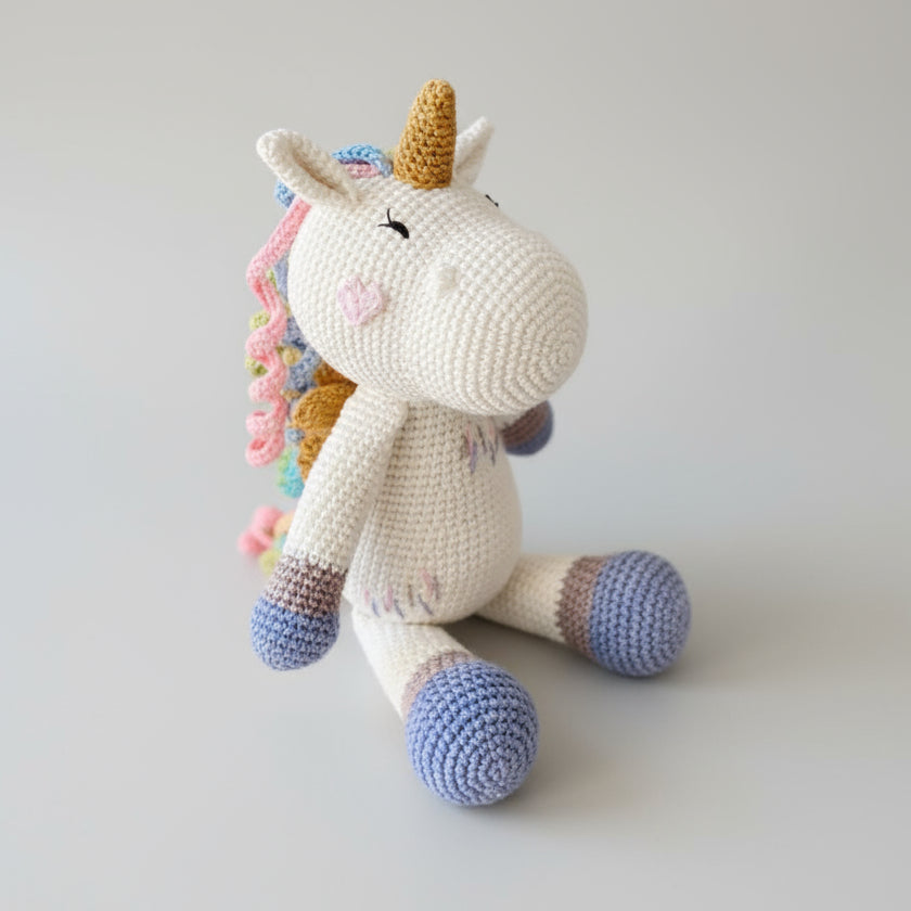 Crocheted white unicorn plush with rainbow mane, golden horn, and blue-gray hooves sitting against a neutral background.