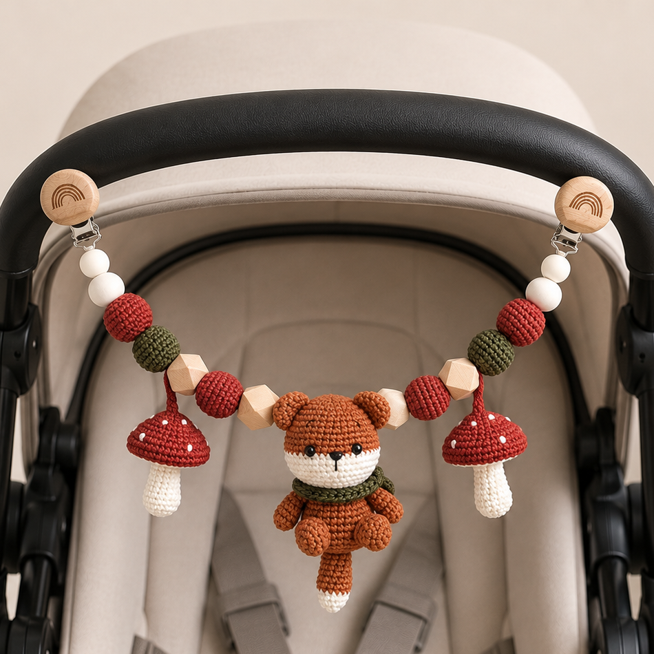 Crochet Woodland Fox Car Seat Toy – Fox & Mushroom Hanging Rattle for Babies Joy Gift London