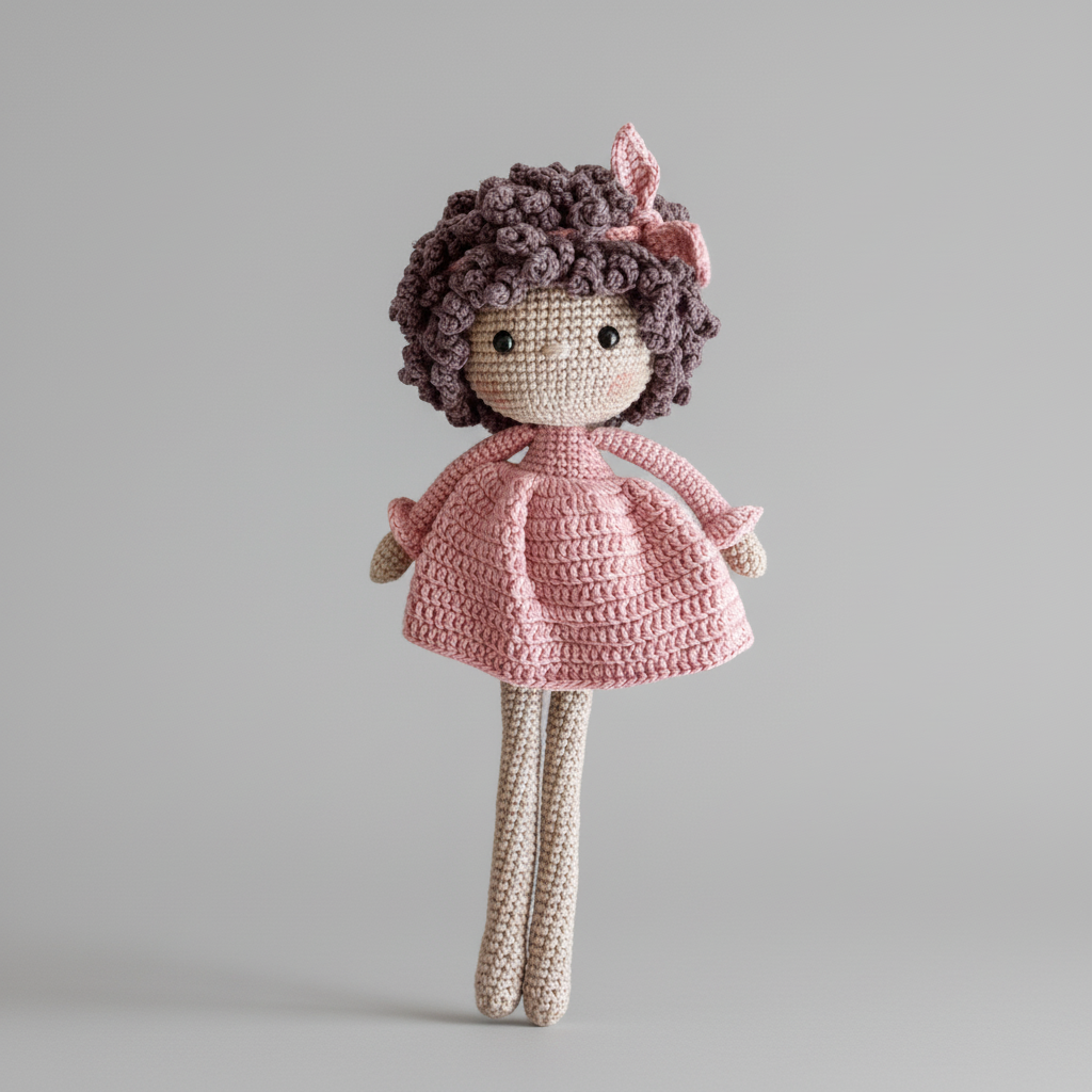 Crocheted doll with curly hair, wearing a pink dress, standing against a gray background