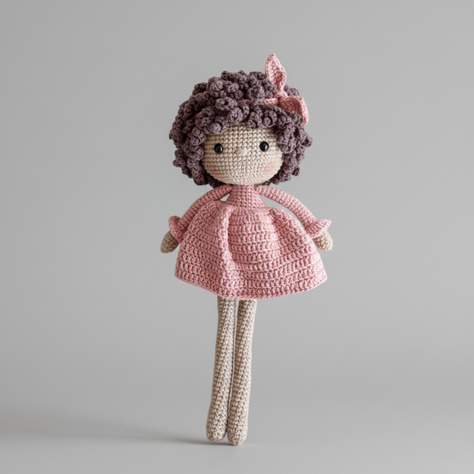 Crocheted doll with curly hair, wearing a pink dress, standing against a gray background