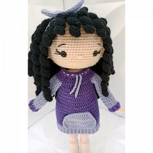 Crochet Curly Girl Doll in Purple Dress - 35cm - Joy Gift London