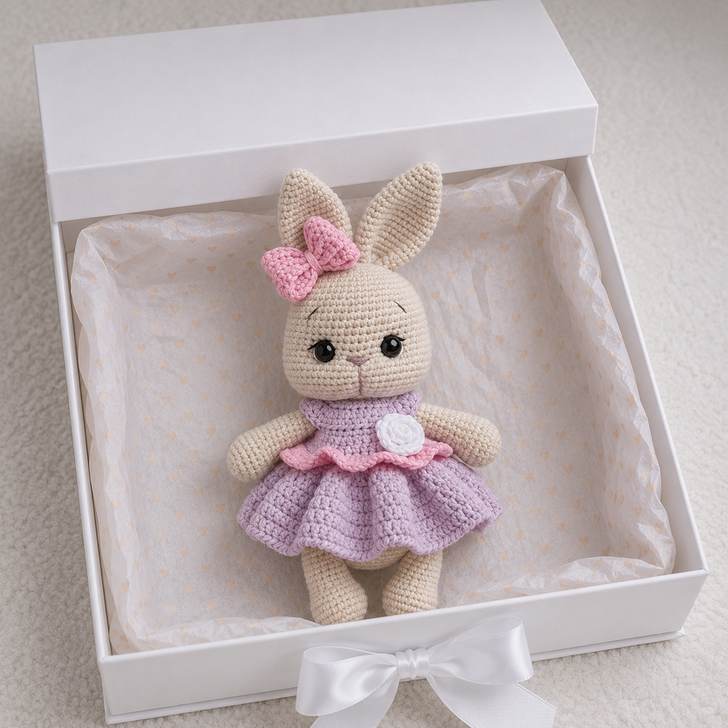 Handmade Crochet Bunny Toy in Purple Dress