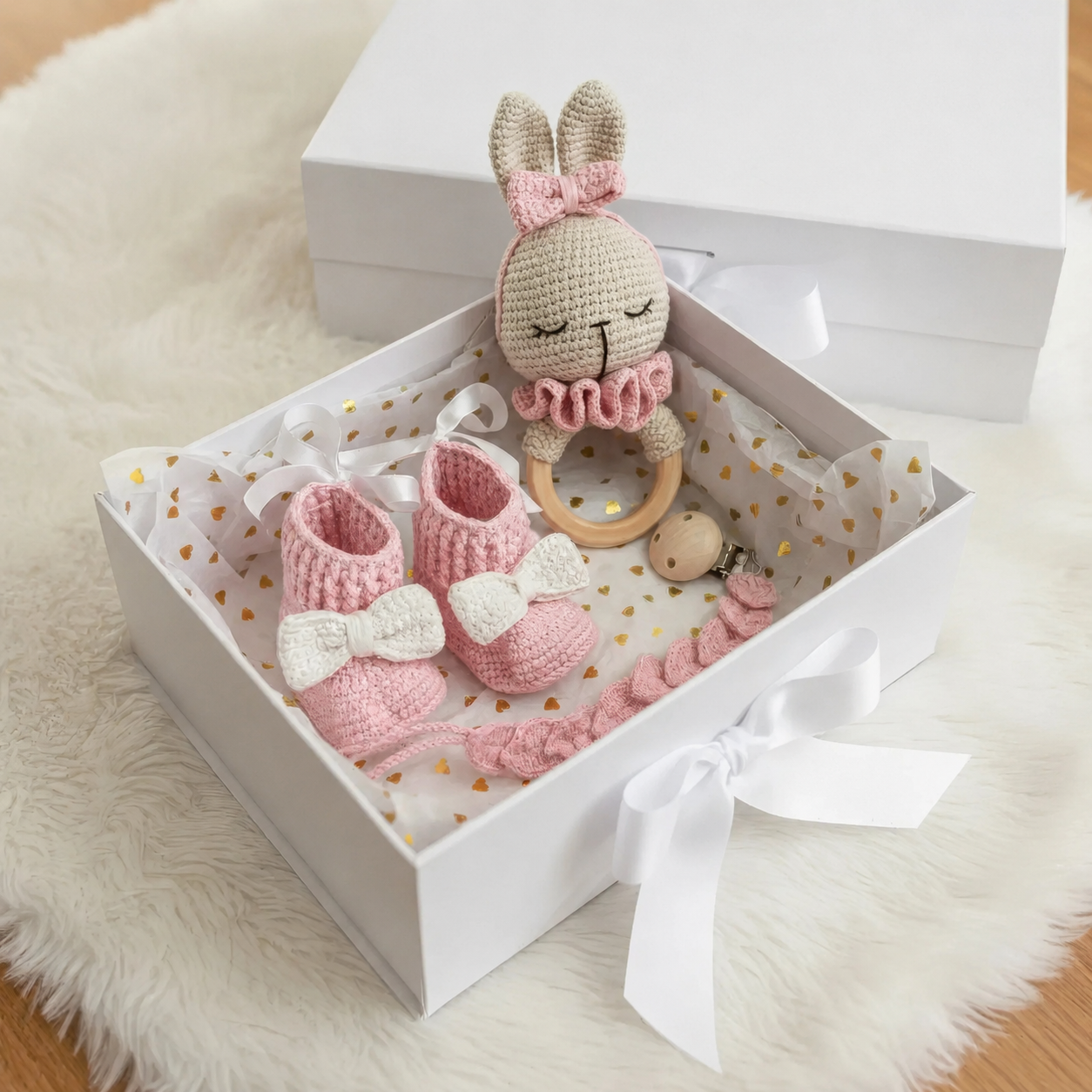 Handmade Crochet Newborn Bunny Gift Set (3pc) – Rattle, Dummy Clip & Pink Booties, Baby Shower Gift