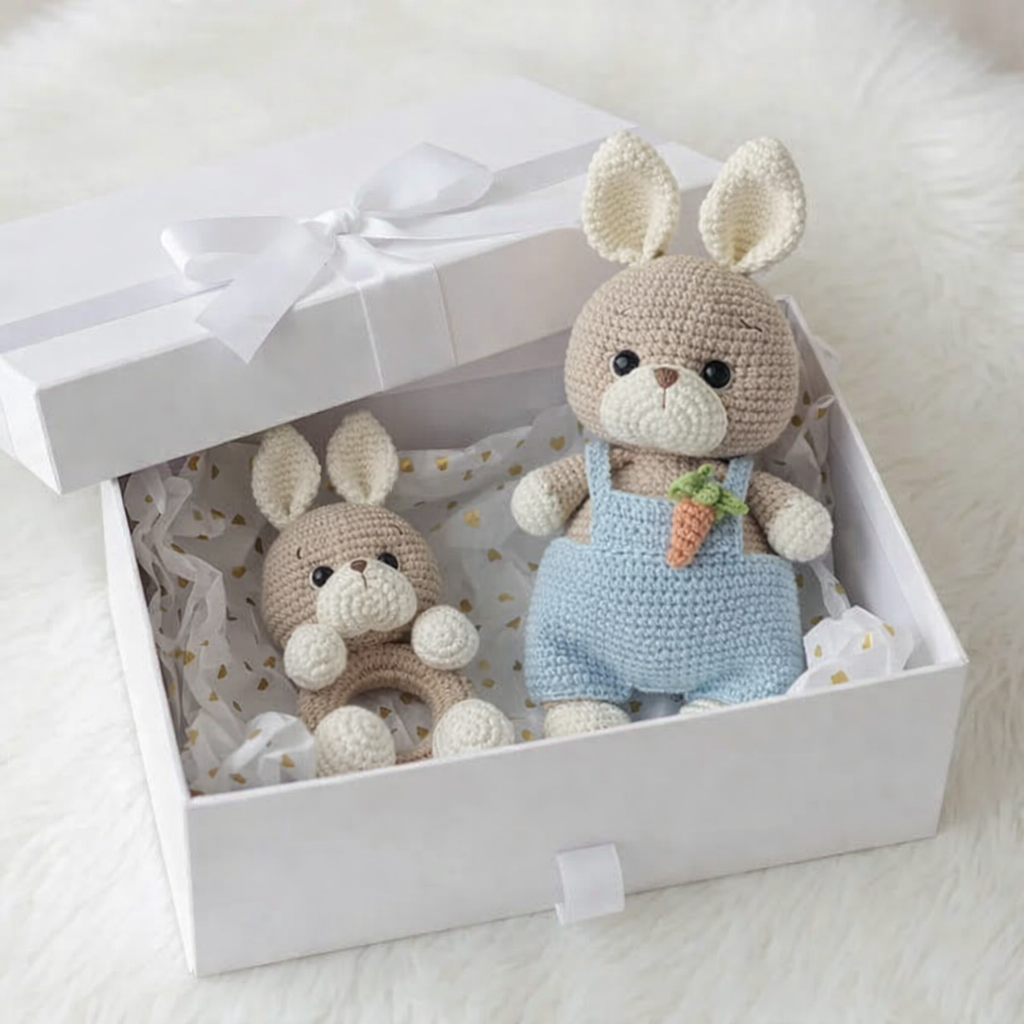 Handmade Crochet Bunny Toy in Blue Jumpsuit