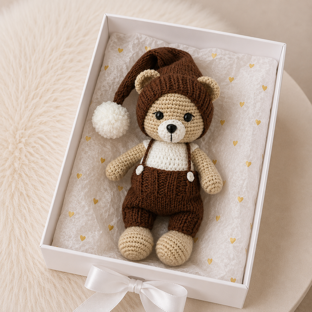 Handmade Crochet Teddy Bear Toy in Blue Jumpsuit and Pom-Pom Hat
