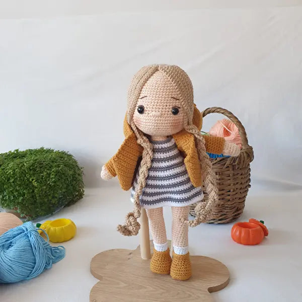 Crochet Blonde Girl Doll in Brown Hoodie - 30cm - Joy Gift London