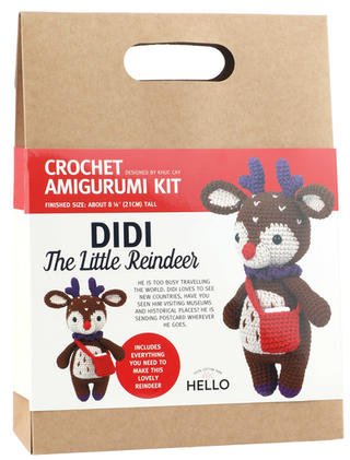 Crochet amigurumi kit packaging with cute reindeer plush design and craft materials