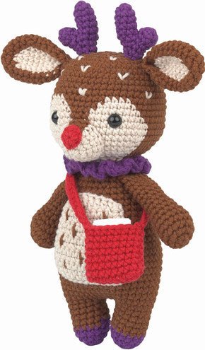 Crocheted reindeer doll with red bag, purple antlers and ears, white speckled body