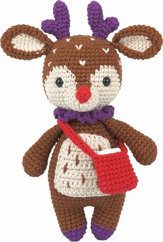 Crocheted reindeer plush with purple antlers and red messenger bag
