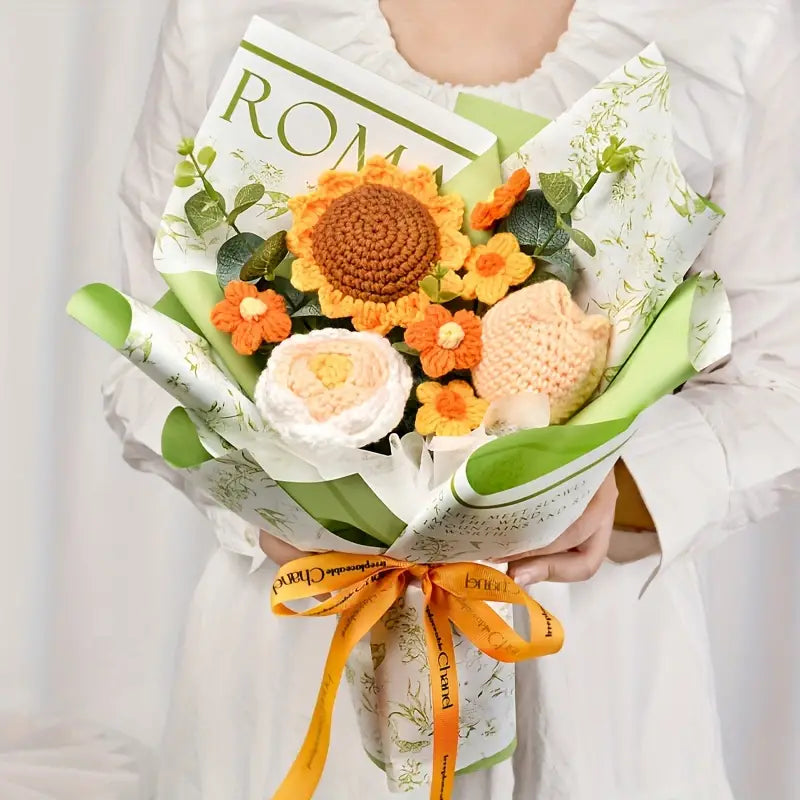 Handmade Crocheted Roses, Sunflowers & Tulips Bouquet