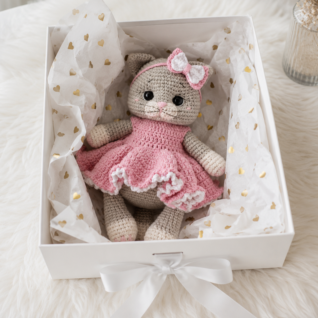 Handmade Crochet Kitten Toy in Pink Dress