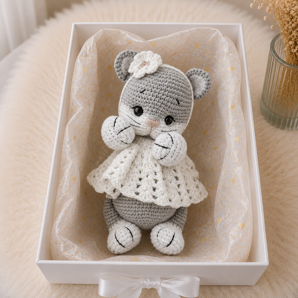 Handmade Crochet Kitten Toy in White Dress