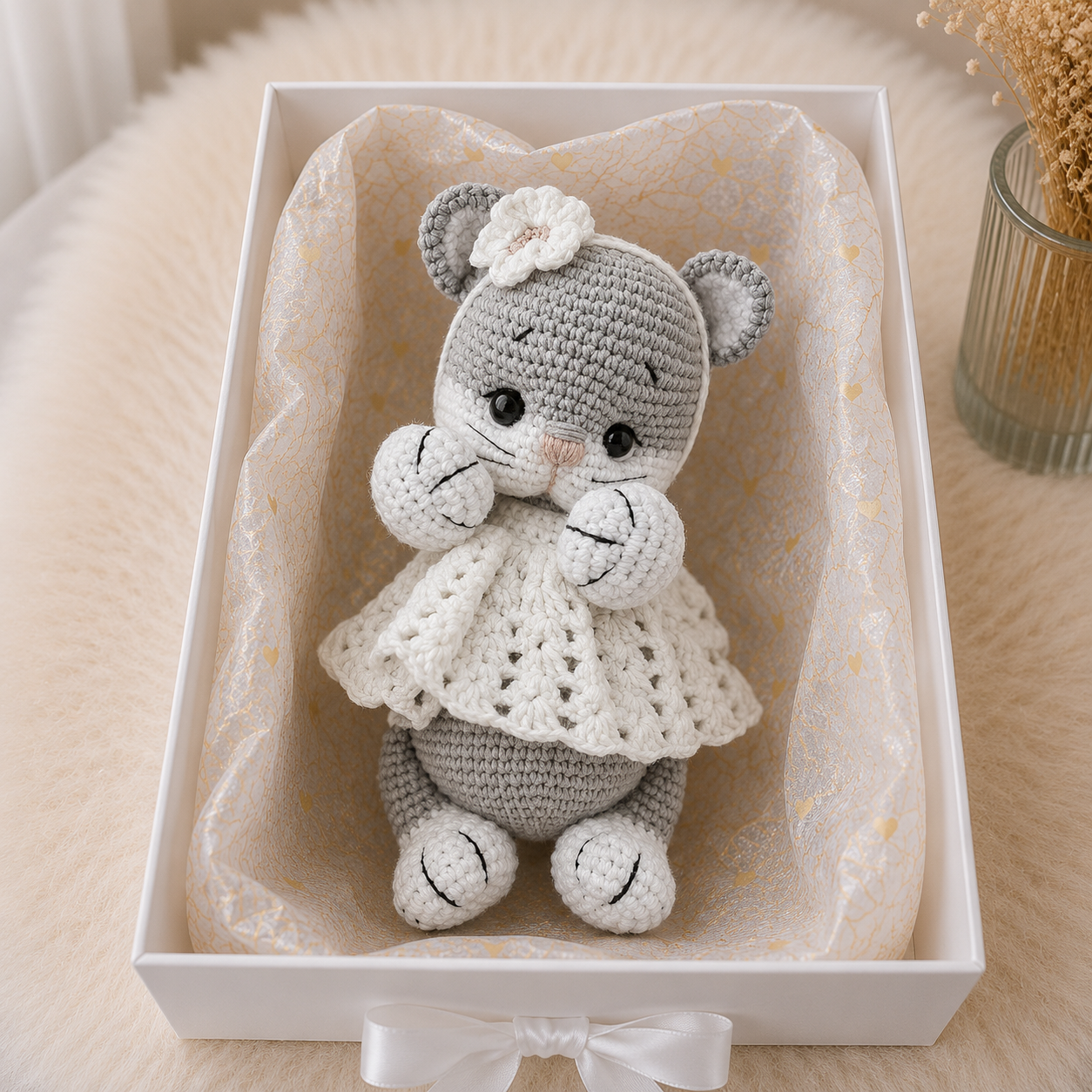 Handmade Crochet Kitten Toy in White Dress