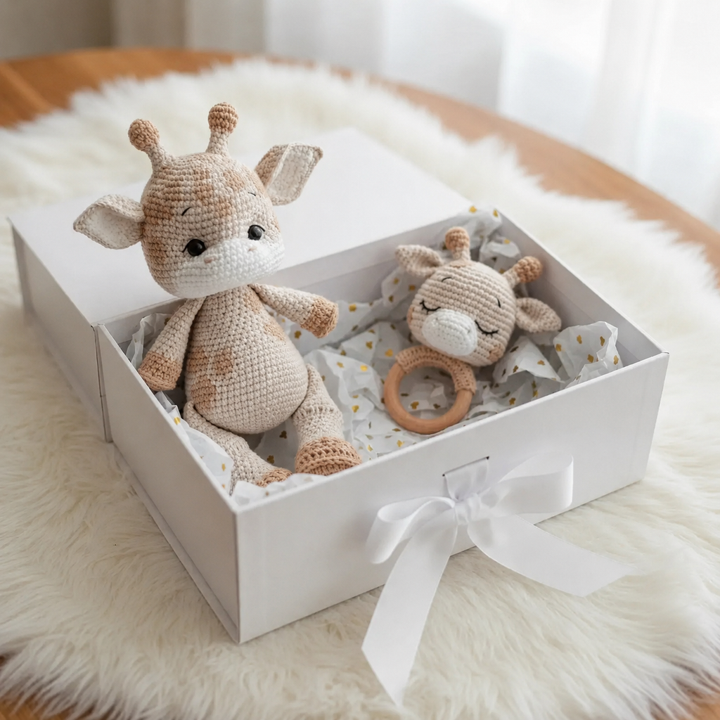 Handmade Crochet Newborn Giraffe & Rattle Gift Set (2pc) – Baby Shower Gift