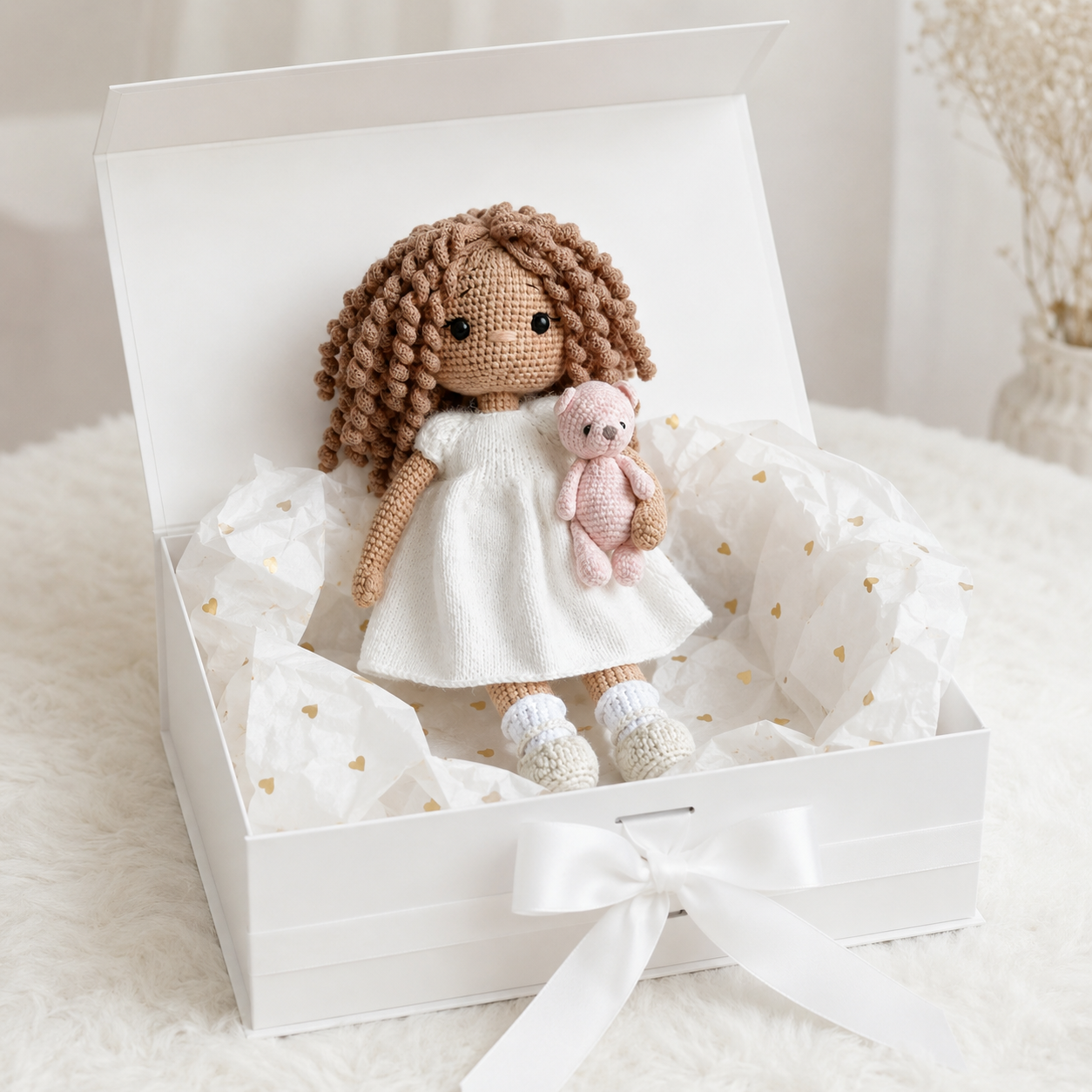 Handmade Crochet Doll in White Dress with Curly Hair & Teddy Bear