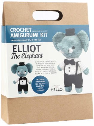 Crochet kit packaging for Elliot the Elephant amigurumi with blue elephant figure