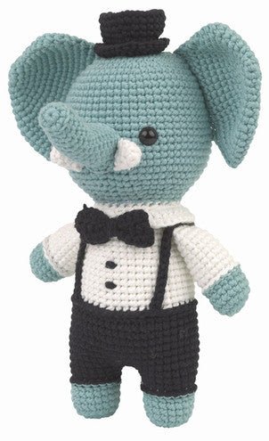 Crocheted blue elephant wearing tuxedo and black top hat