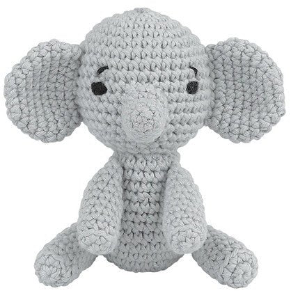 Crocheted gray elephant stuffed animal with round body and soft texture