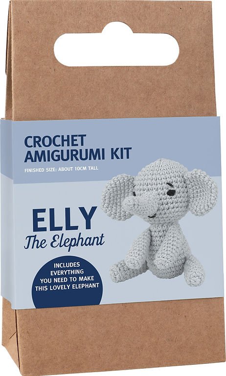 Crochet amigurumi kit to make Elly the Elephant, gray crocheted stuffed animal on packaging