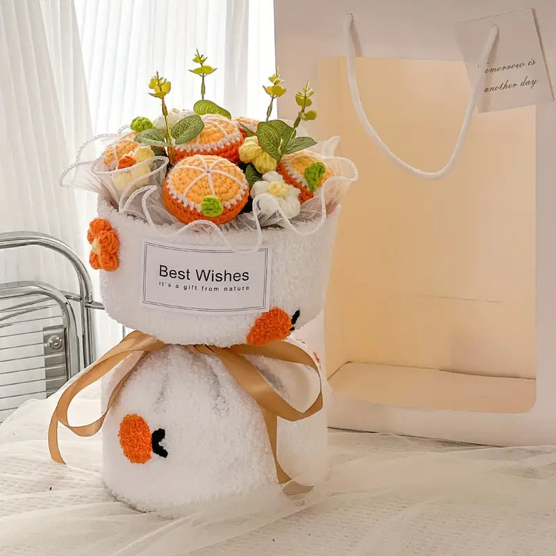 Handmade Crocheted Best Wishes Bouquet, Sunflower, Orange, Strawberry