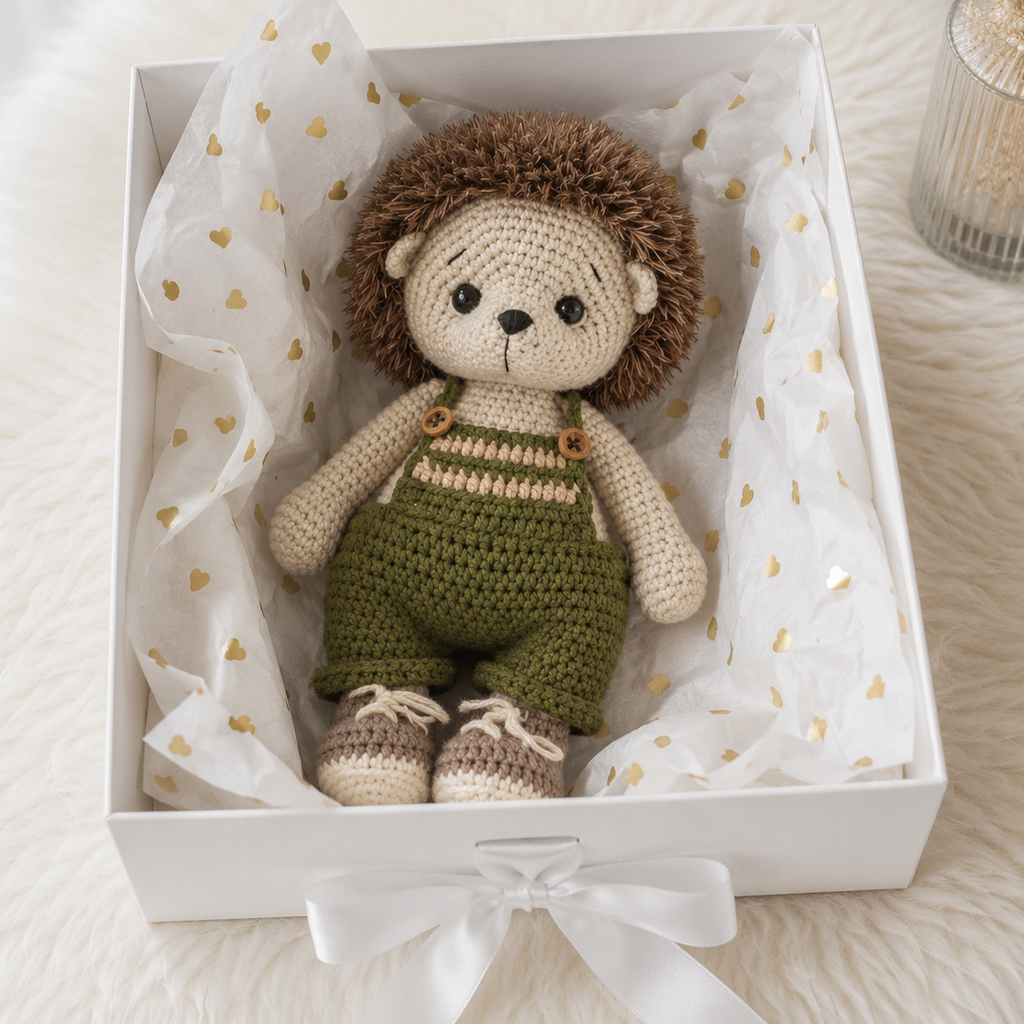 Handmade Crochet Hedgehog Toy in Green Jumpsuit