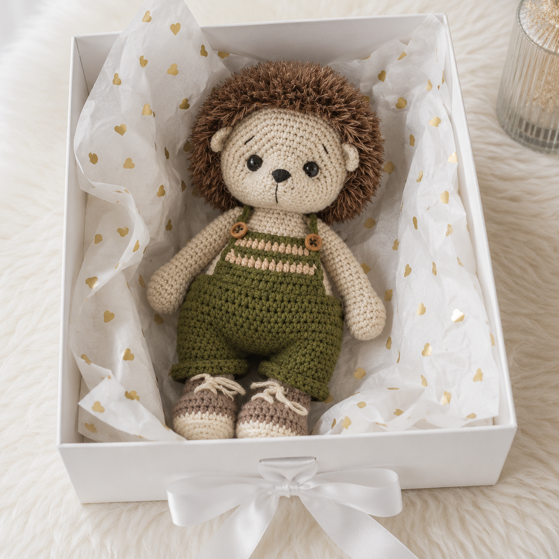 Handmade Crochet Hedgehog Toy in Green Jumpsuit