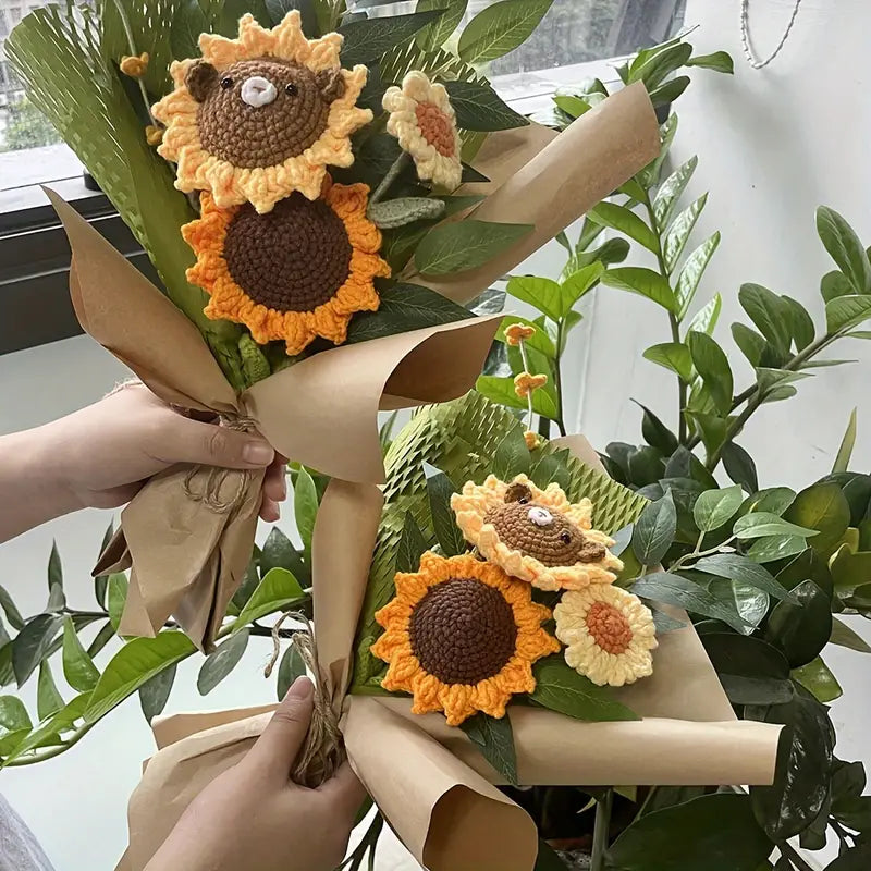 Handmade Crocheted Sunflower and Bear Bouquet