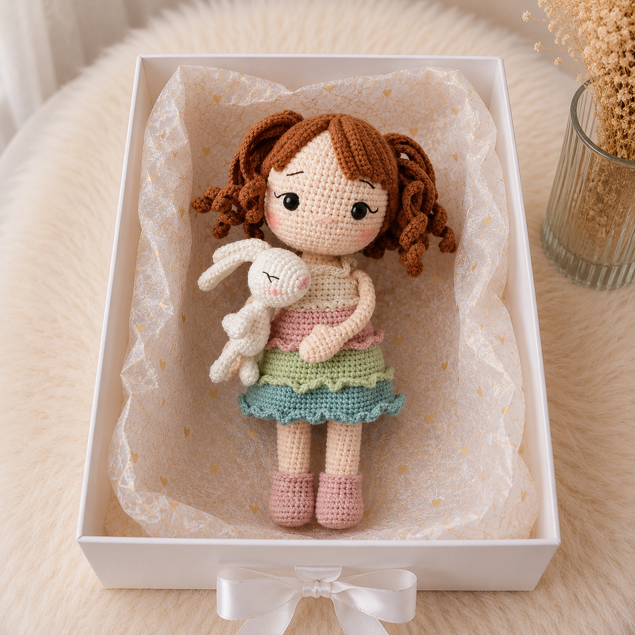 Handmade Crochet Rainbow Dress Girl Doll with Her Bunny Companion
