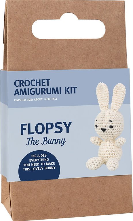 Crochet amigurumi kit for making a white bunny named Flopsy, 14cm tall