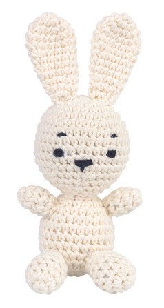 Crocheted white bunny stuffed animal with simple black button eyes