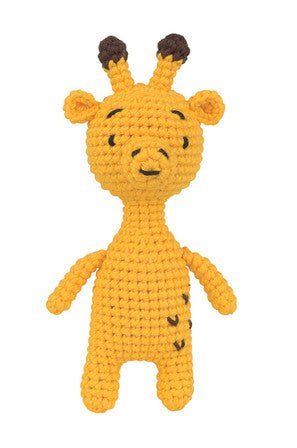 Crocheted yellow giraffe plush toy with smiling face and textured stitching