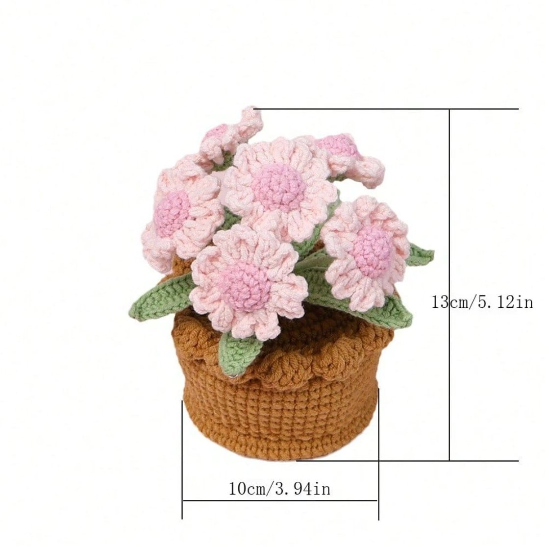 Crocheted pink flowers with green leaves in a brown textured pot, 5.12 inches tall