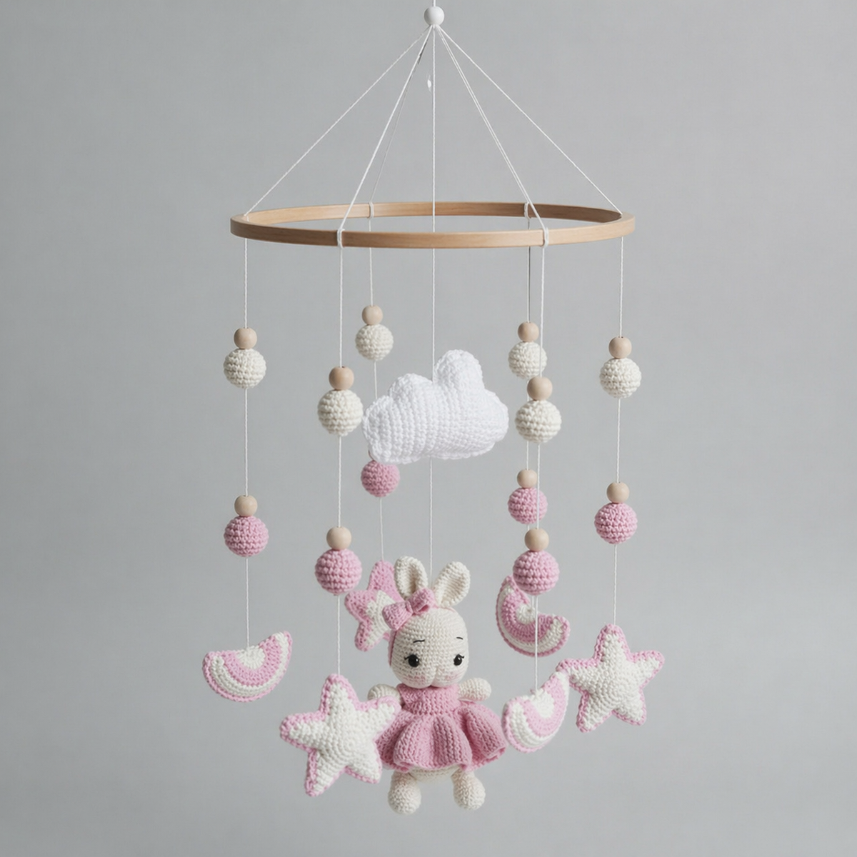 Handmade Crochet Ballerina Bunny Cot Mobile – Clouds & Rainbow Baby Nursery & Crib Mobile Joy Gift London