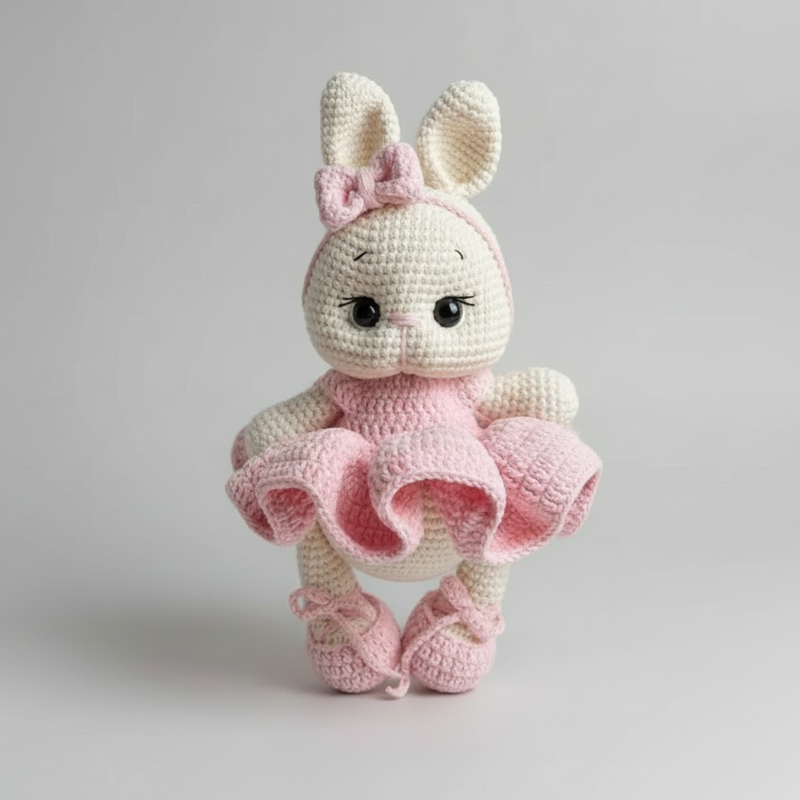Handmade Crochet Ballerina Bunny Toy in Pink Dress Joy Gift London