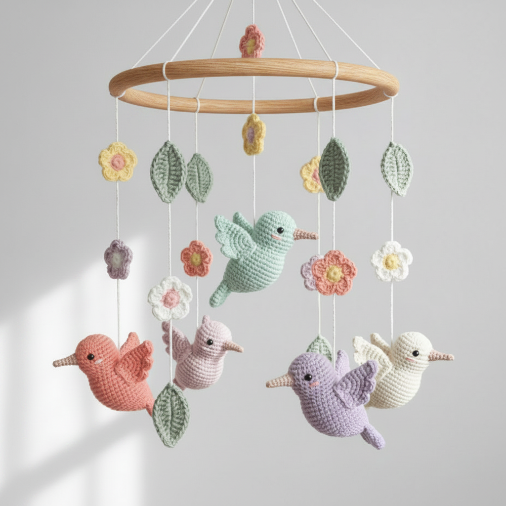 Handmade Crochet Bird Cot Mobile – Birds, Flowers & Leaves Baby Nursery & Crib Mobile Joy Gift London