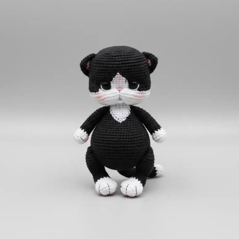Crocheted black and white cat plush toy sitting on a plain background