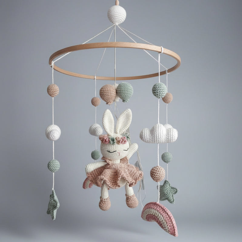 Crocheted baby mobile with bunny, clouds, balls, and stars in pastel colors