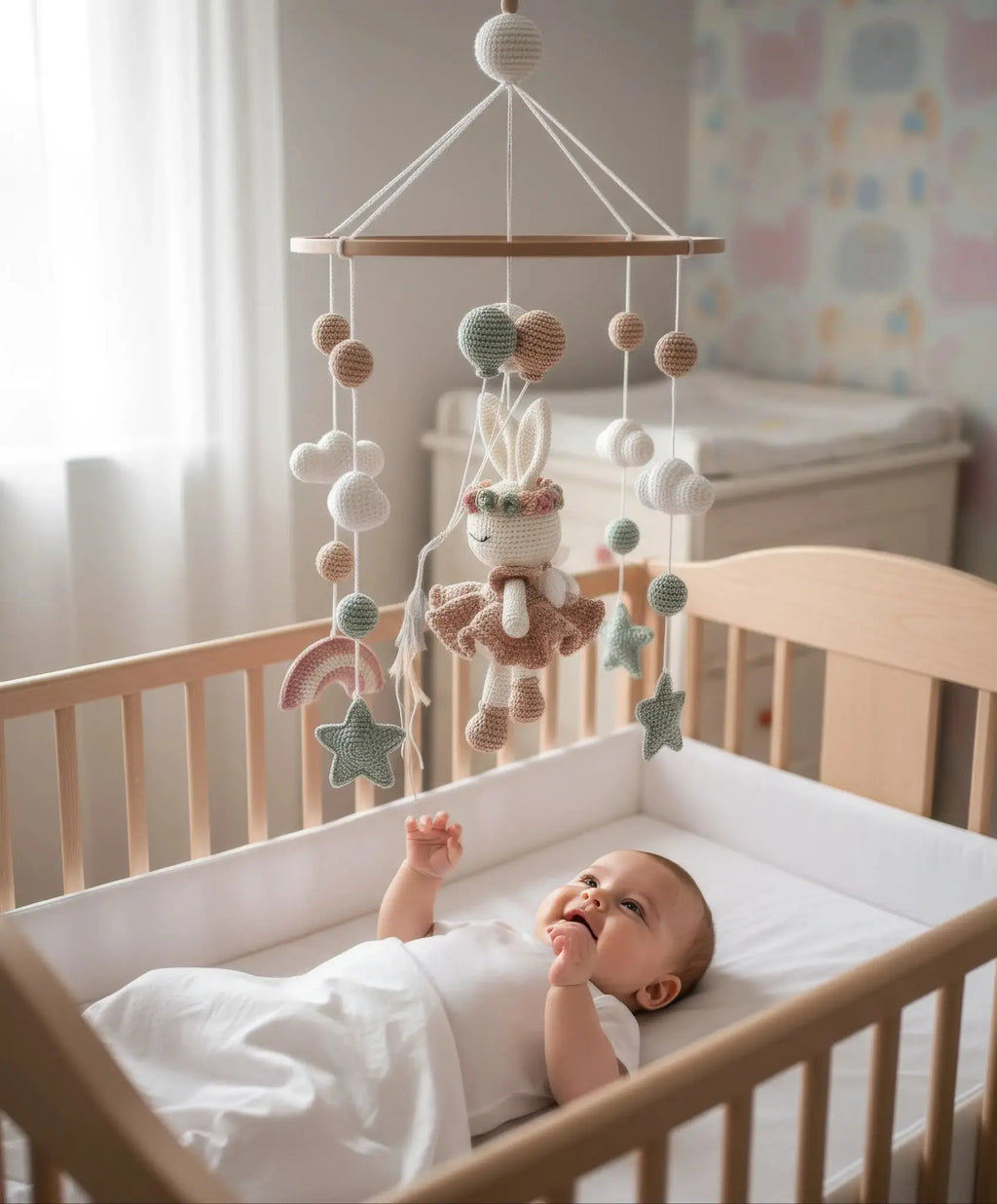 Crocheted bunny mobile hanging over baby in wooden crib, soft pastel colors