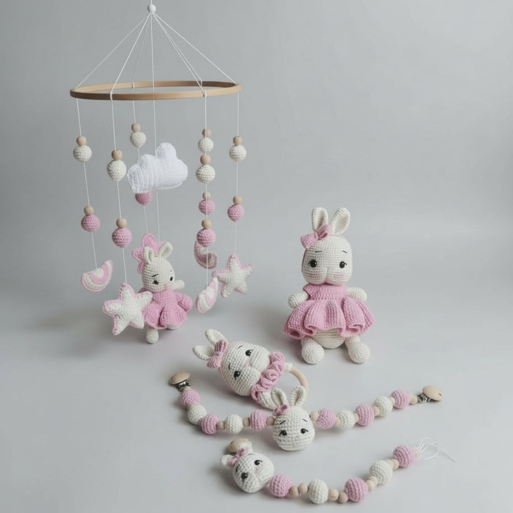 Crocheted pink and white bunny dolls with stars and cloud mobile on quilted background