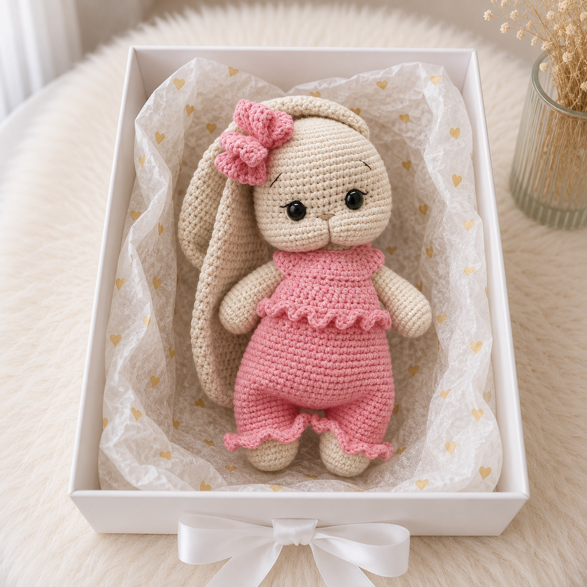 Handmade Crochet Bunny Long Ear in Pink Jumpsuit Joy Gift London