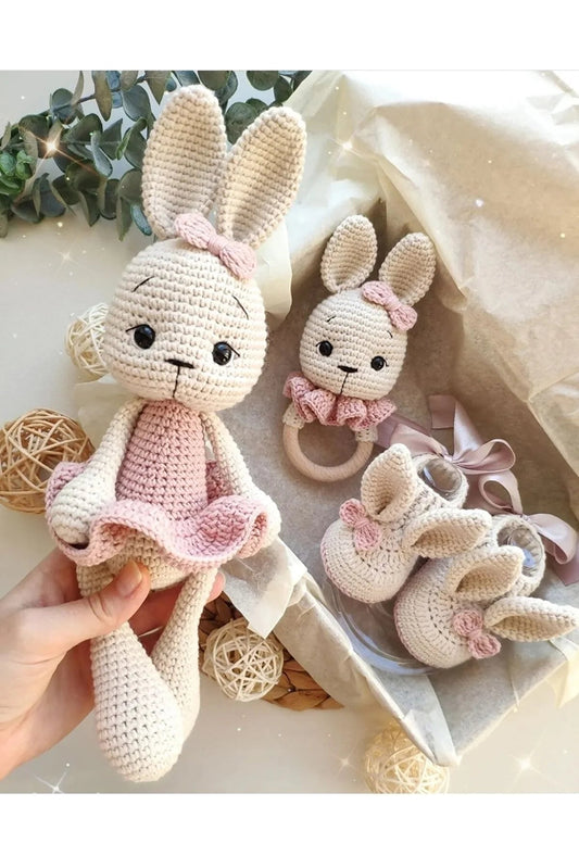 Crochet Cute Bunny in Green Dress Toy and Rattle Toy Gift Set 2pc